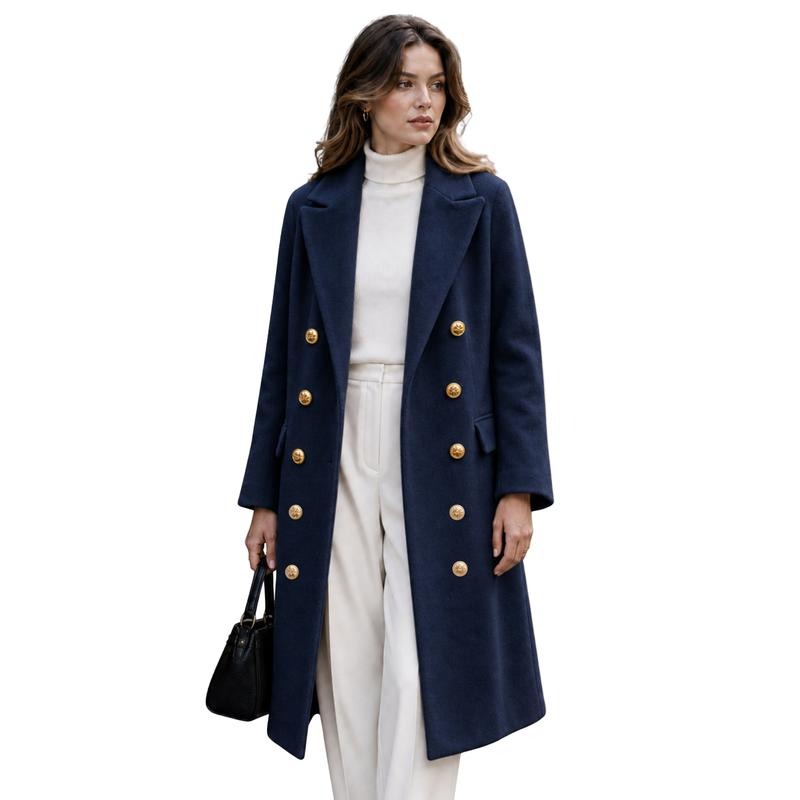 Tanming Women’s Gold Button Double-Breasted Wool Blend Long Coat