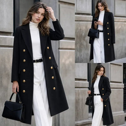 Tanming Women’s Gold Button Double-Breasted Wool Blend Long Coat