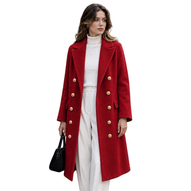 Tanming Women’s Gold Button Double-Breasted Wool Blend Long Coat