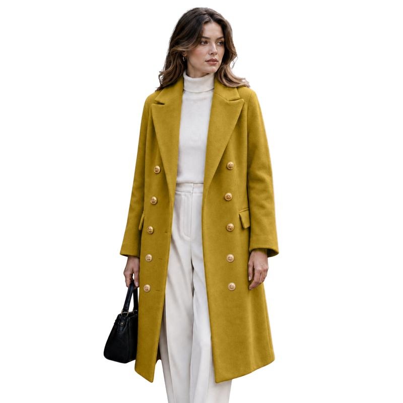 Tanming Women’s Gold Button Double-Breasted Wool Blend Long Coat