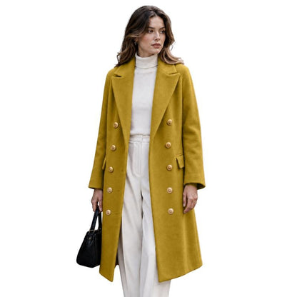 Tanming Women’s Gold Button Double-Breasted Wool Blend Long Coat