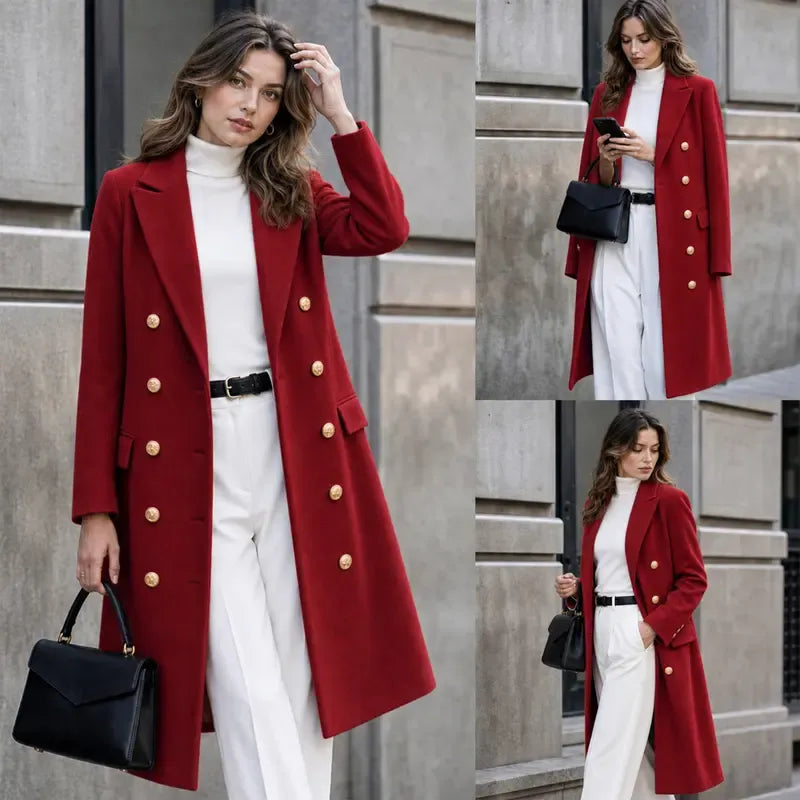 Tanming Women’s Gold Button Double-Breasted Wool Blend Long Coat