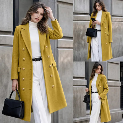 Tanming Women’s Gold Button Double-Breasted Wool Blend Long Coat