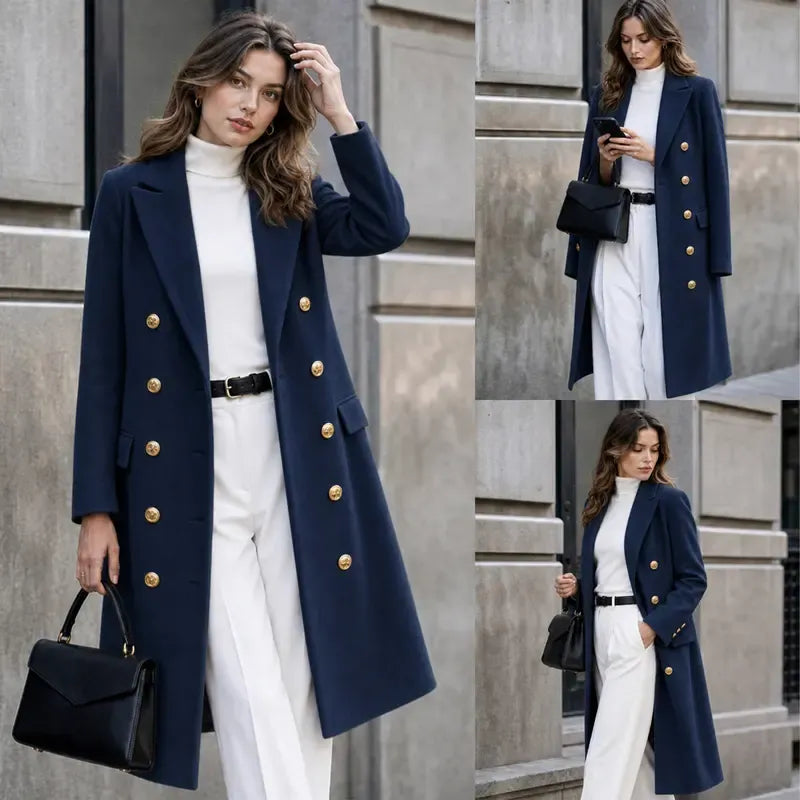 Tanming Women’s Gold Button Double-Breasted Wool Blend Long Coat