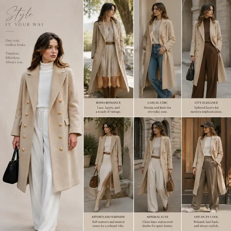 Tanming Women’s Gold Button Double-Breasted Wool Blend Long Coat