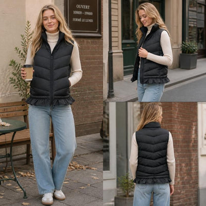Tanming Women’s Ruffle Hem Quilted Zip-Up Sleeveless Puffer Vest