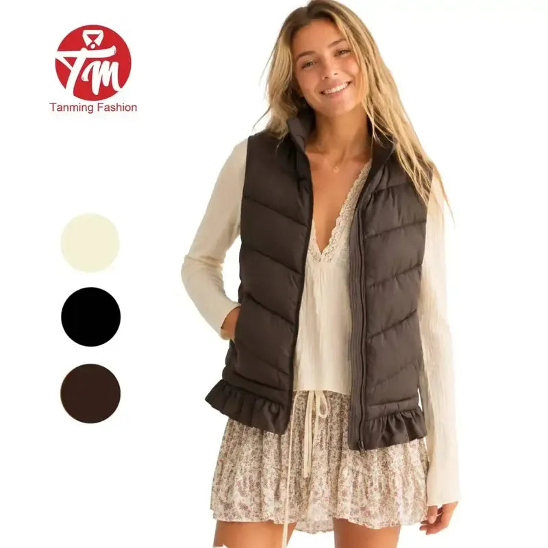 Tanming Women’s Ruffle Hem Quilted Zip-Up Sleeveless Puffer Vest
