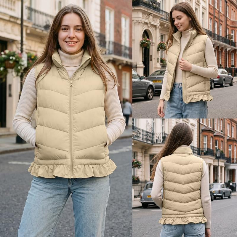 Tanming Women’s Ruffle Hem Quilted Zip-Up Sleeveless Puffer Vest