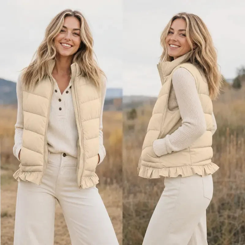 Tanming Women’s Ruffle Hem Quilted Zip-Up Sleeveless Puffer Vest