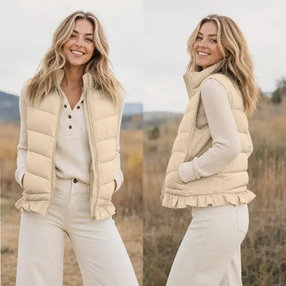 Tanming Women’s Ruffle Hem Quilted Zip-Up Sleeveless Puffer Vest