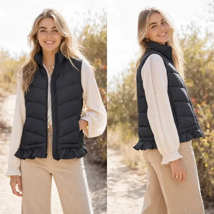 Tanming Women’s Ruffle Hem Quilted Zip-Up Sleeveless Puffer Vest