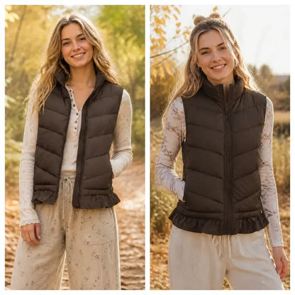 Tanming Women’s Ruffle Hem Quilted Zip-Up Sleeveless Puffer Vest