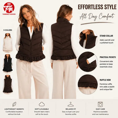 Tanming Women’s Ruffle Hem Quilted Zip-Up Sleeveless Puffer Vest