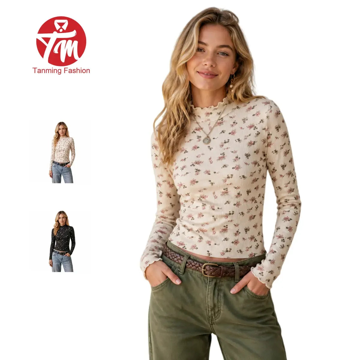 Women's Floral-Print Mock-Neck Long-Sleeve Top
