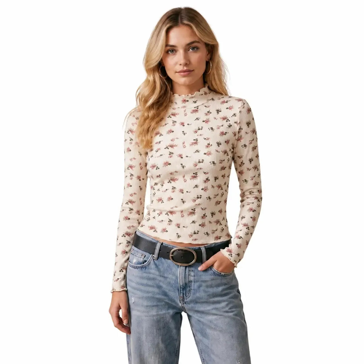 Women's Floral-Print Mock-Neck Long-Sleeve Top