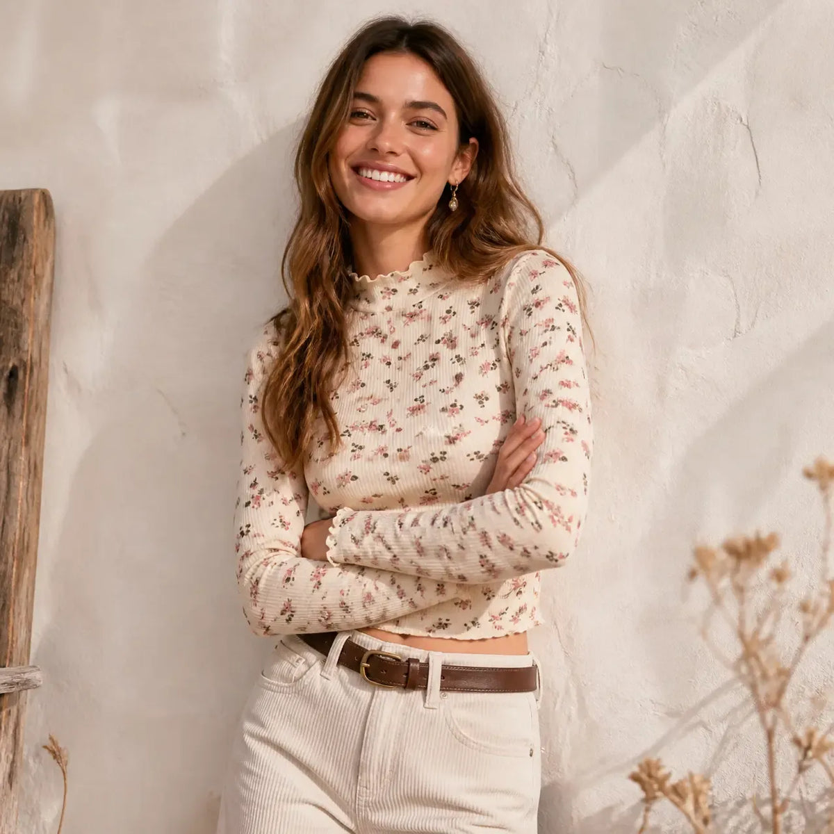 Women's Floral-Print Mock-Neck Long-Sleeve Top