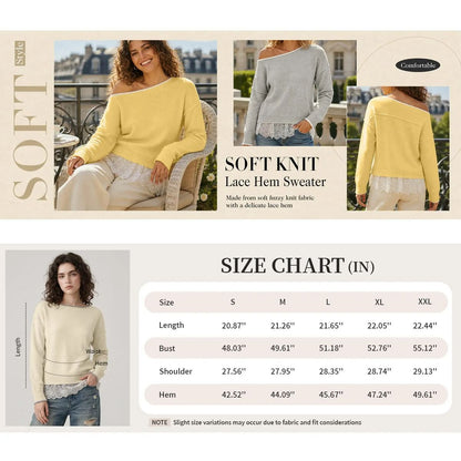 Women's Slouchy Off-Shoulder Knit Sweater with Lace Trim