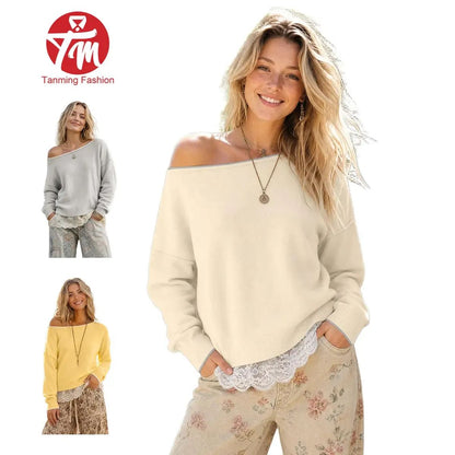 Women's Slouchy Off-Shoulder Knit Sweater with Lace Trim