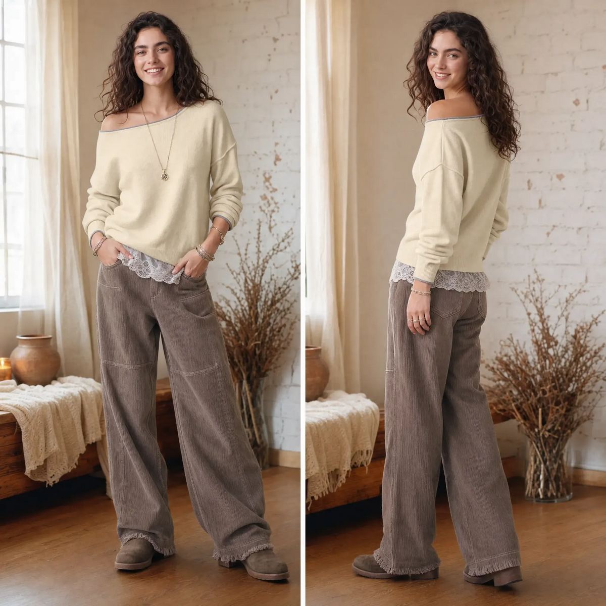 Women's Slouchy Off-Shoulder Knit Sweater with Lace Trim