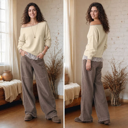Women's Slouchy Off-Shoulder Knit Sweater with Lace Trim