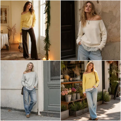 Women's Slouchy Off-Shoulder Knit Sweater with Lace Trim