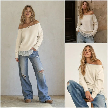 Women's Slouchy Off-Shoulder Knit Sweater with Lace Trim