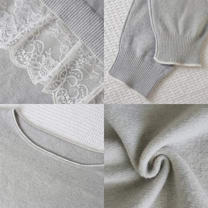Women's Slouchy Off-Shoulder Knit Sweater with Lace Trim