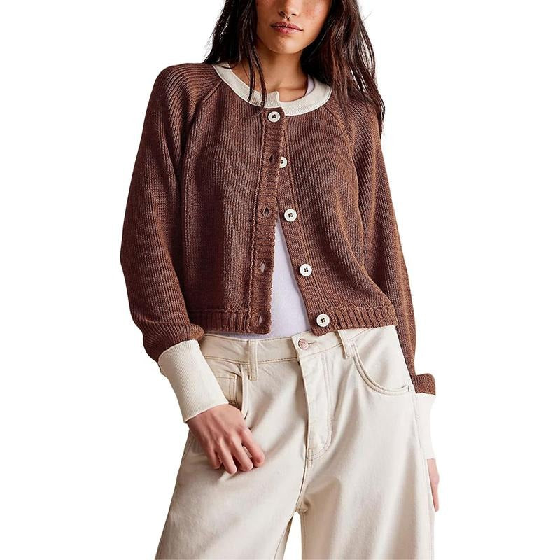 Tanming Women’s Contrast Trim Crewneck Knit Cardigan