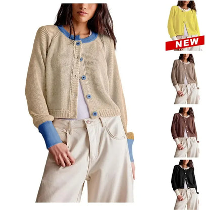 Tanming Women’s Contrast Trim Crewneck Knit Cardigan