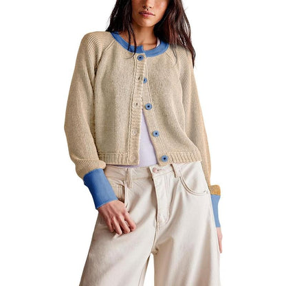 Tanming Women’s Contrast Trim Crewneck Knit Cardigan