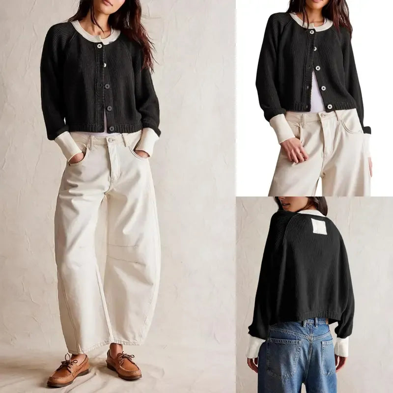 Tanming Women’s Contrast Trim Crewneck Knit Cardigan