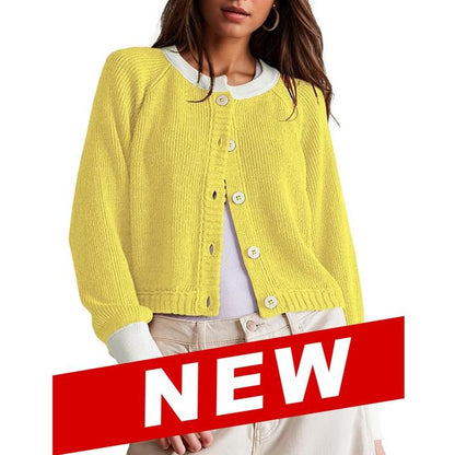 Tanming Women’s Contrast Trim Crewneck Knit Cardigan