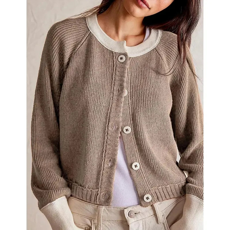 Tanming Women’s Contrast Trim Crewneck Knit Cardigan