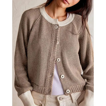 Tanming Women’s Contrast Trim Crewneck Knit Cardigan