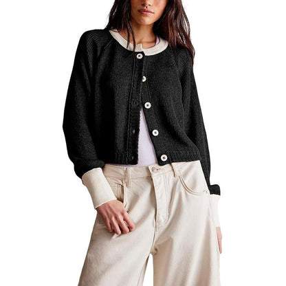 Tanming Women’s Contrast Trim Crewneck Knit Cardigan