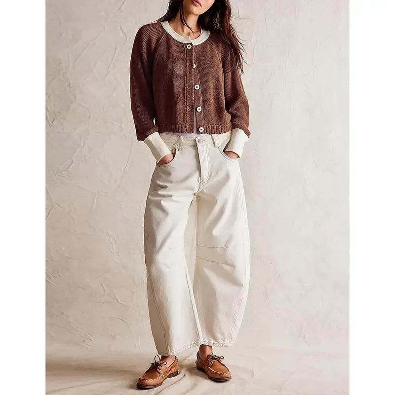 Tanming Women’s Contrast Trim Crewneck Knit Cardigan