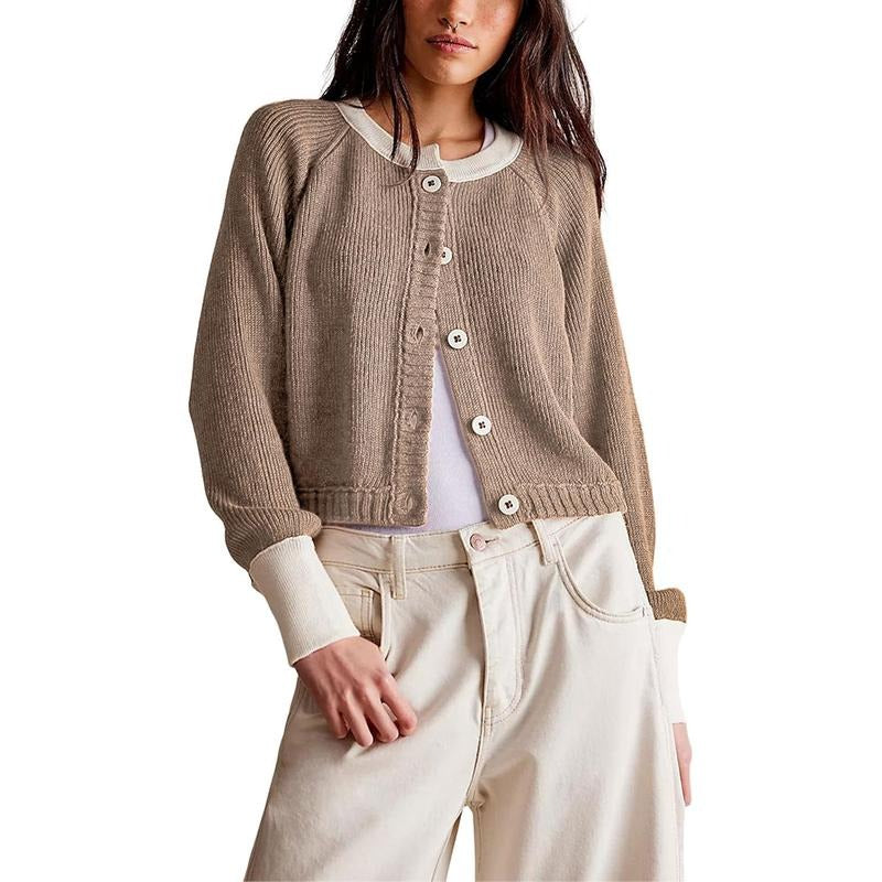 Tanming Women’s Contrast Trim Crewneck Knit Cardigan
