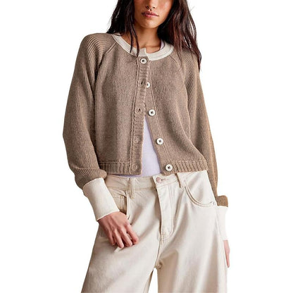 Tanming Women’s Contrast Trim Crewneck Knit Cardigan