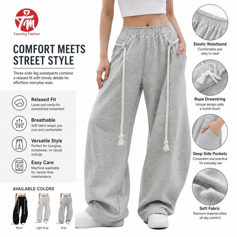 Tanming Women’s Oversized Barrel-Leg Sweatpants with Rope Detail