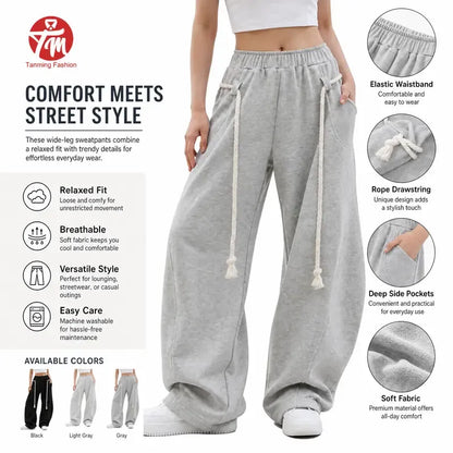 Tanming Women’s Oversized Barrel-Leg Sweatpants with Rope Detail