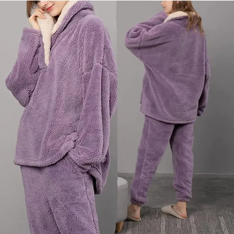 Tanming Women's Fleece Long-Sleeve 2-Piece Pajama Set with Pockets