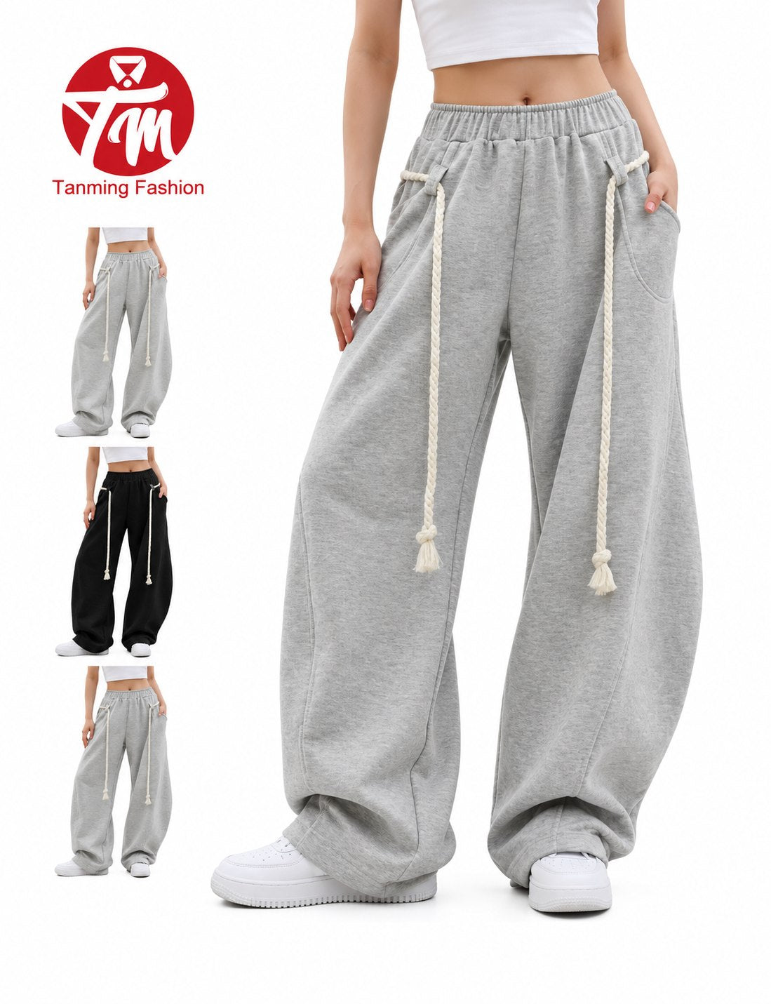 Tanming Women’s Oversized Barrel-Leg Sweatpants with Rope Detail