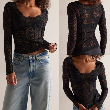 Tanming Women’s Sheer Floral Lace Long Sleeve Top