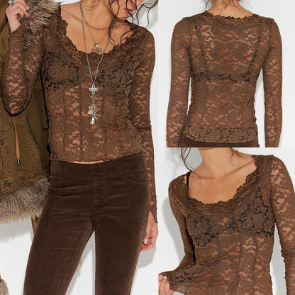Tanming Women’s Sheer Floral Lace Long Sleeve Top