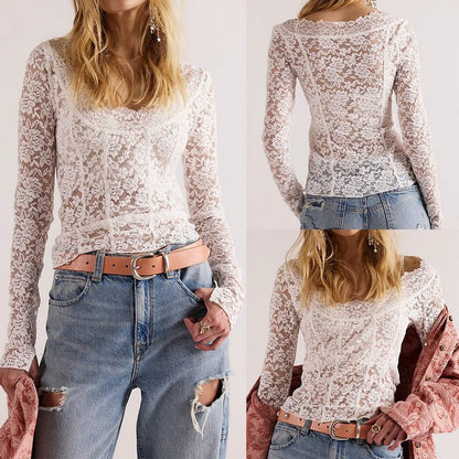 Tanming Women’s Sheer Floral Lace Long Sleeve Top
