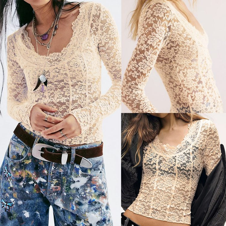 Tanming Women’s Sheer Floral Lace Long Sleeve Top
