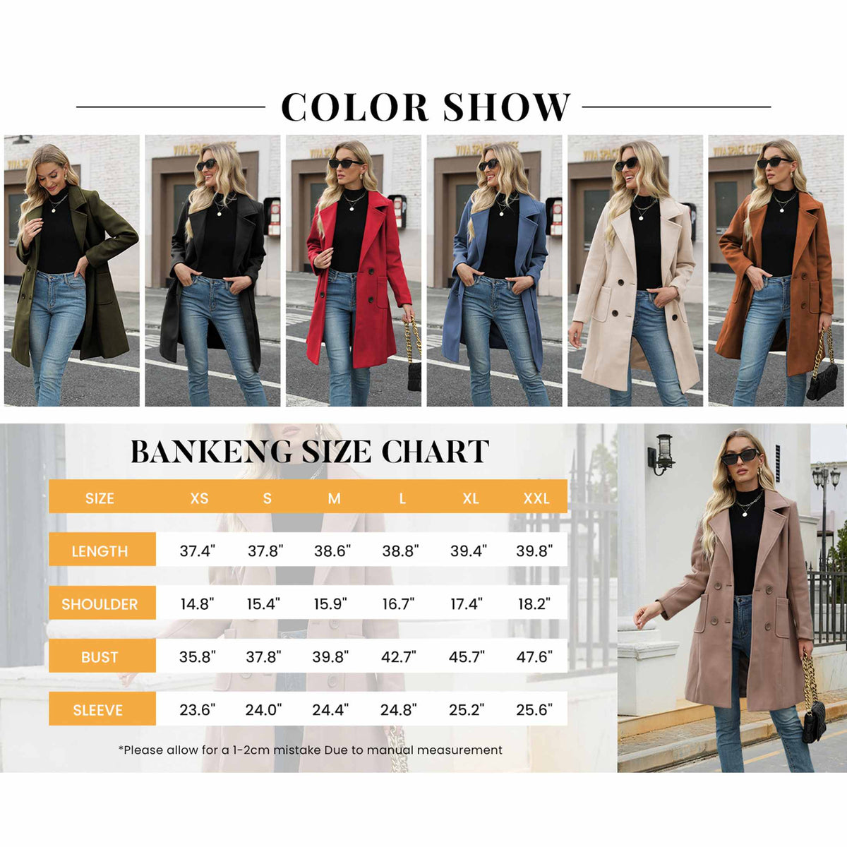 TanmingWomen's Fitted Wool-Blend V-Neck Long-Sleeve Peacoat