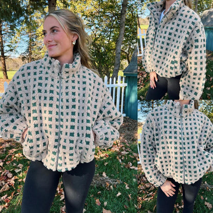 Women's Relaxed Plaid Drawstring Long-Sleeve Fleece Jacket showing a stand collar