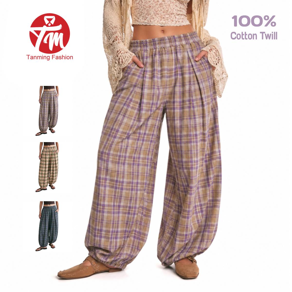 Women's Plaid Cotton Pants with Pockets