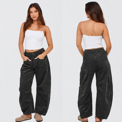 Tanming Women’s High-Waisted Corduroy Barrel-Leg Pants with Pockets
